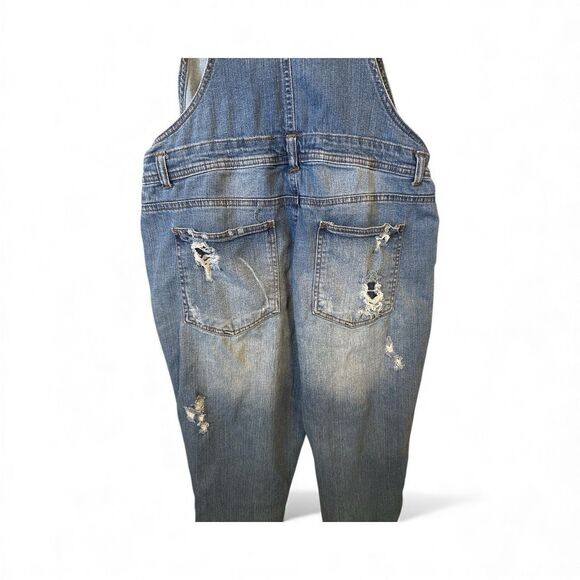 Almost Famous Women Junior Sz 9 Blue Distressed Denim Bib Overalls Grunge Boho - Picture 7 of 12